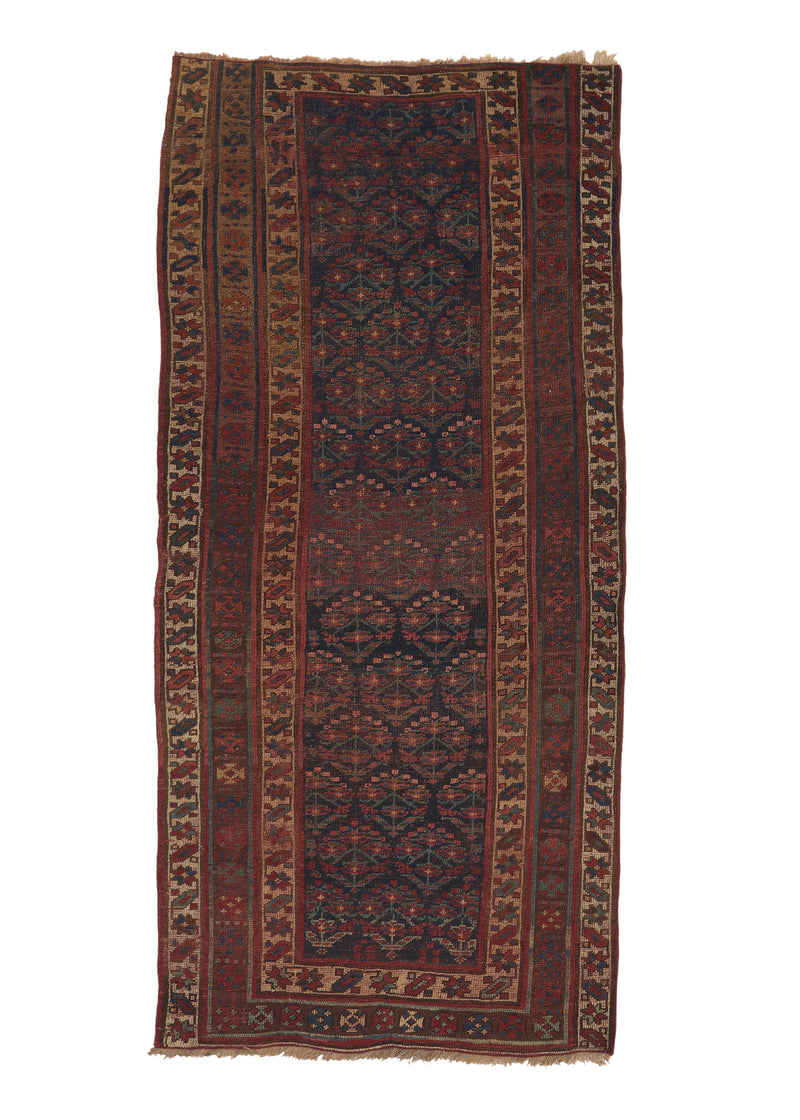 31675 Persian Rug Kurdistan Handmade Runner Tribal Vintage 4'2'' x 8'7'' -4x9- Red Blue Geometric Design