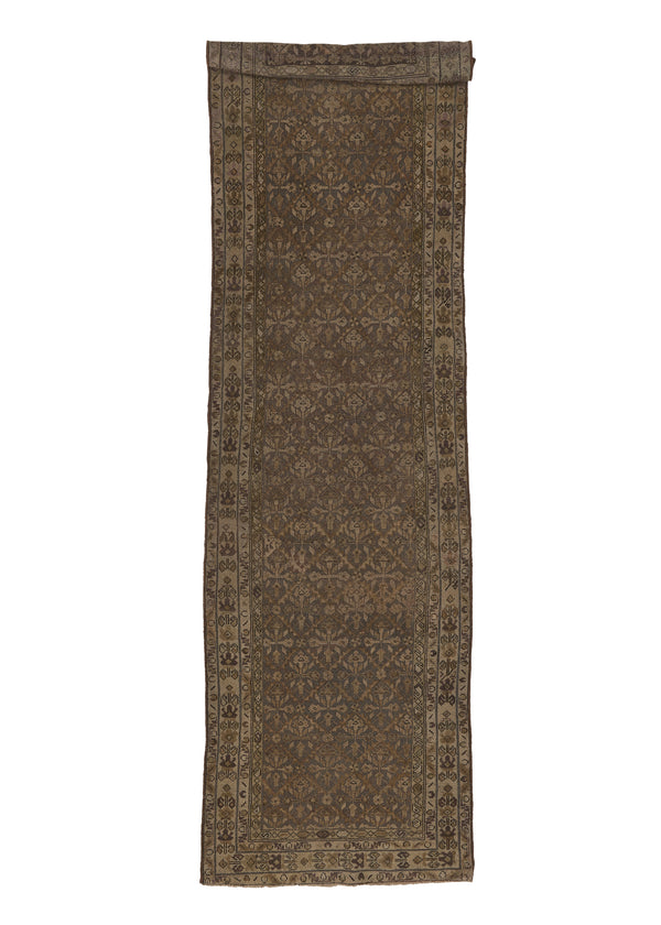 31686 Persian Rug Malayer Handmade Runner Antique Neutral 3'7'' x 12'3'' -4x12- Whites Beige Gray Geometric Panel Design