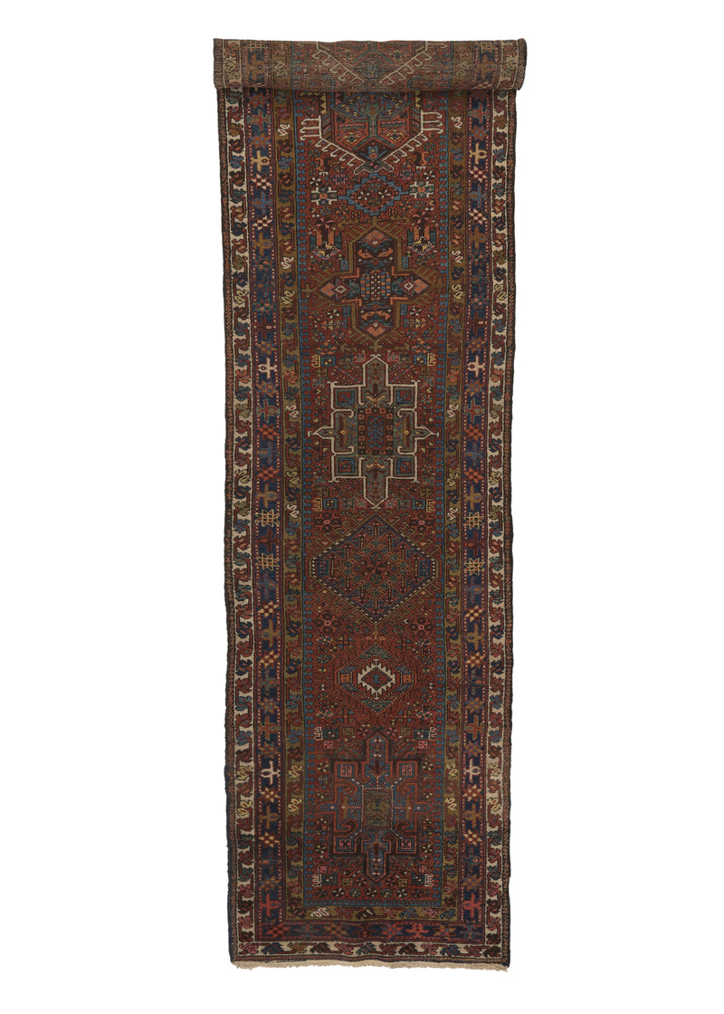 31693 Persian Rug Gharajeh Handmade Runner Antique Tribal 3'1'' x 18'5'' -3x18- Red Blue Geometric Design