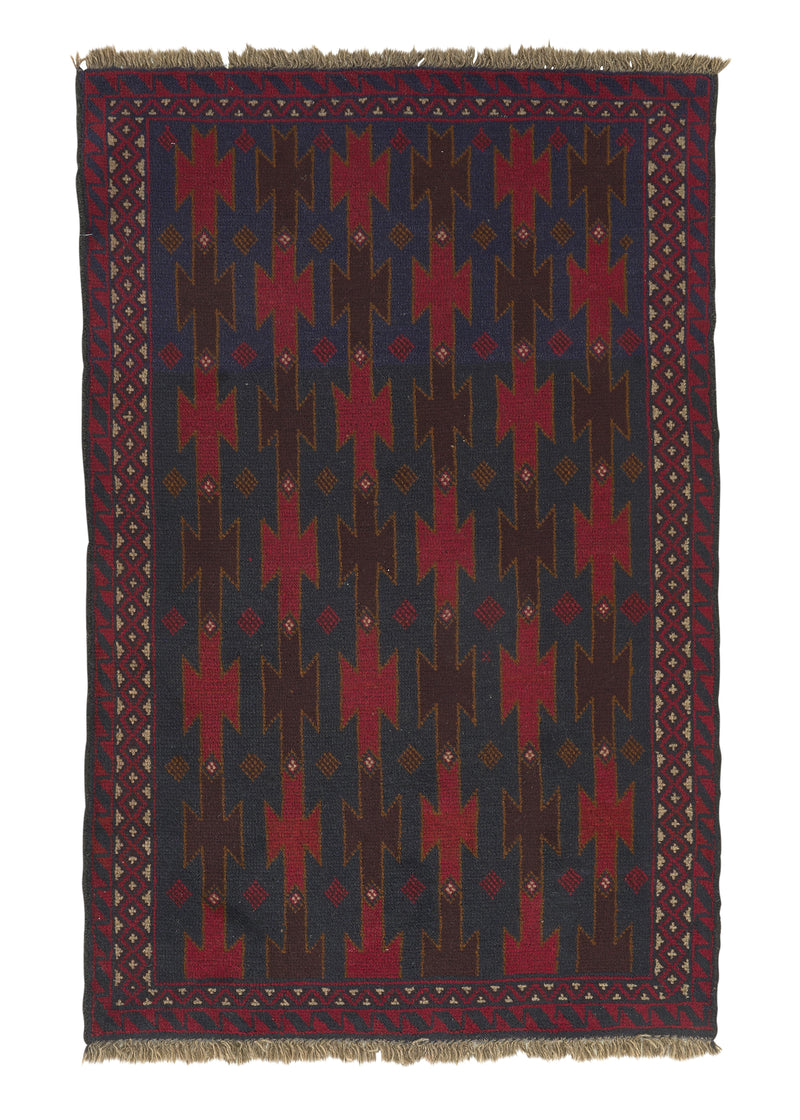 31779 Oriental Rug Afghan Handmade Area Tribal 3'3'' x 4'6'' -3x5- Red Geometric Design