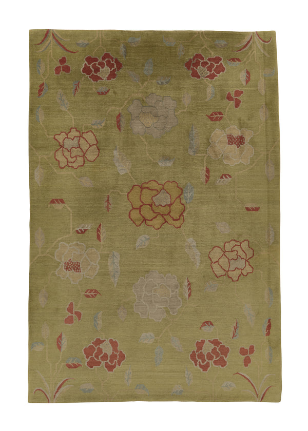 31817 Oriental Rug Tibetan Handmade Area Modern 6'1'' x 8'10'' -6x9- Green Floral Design