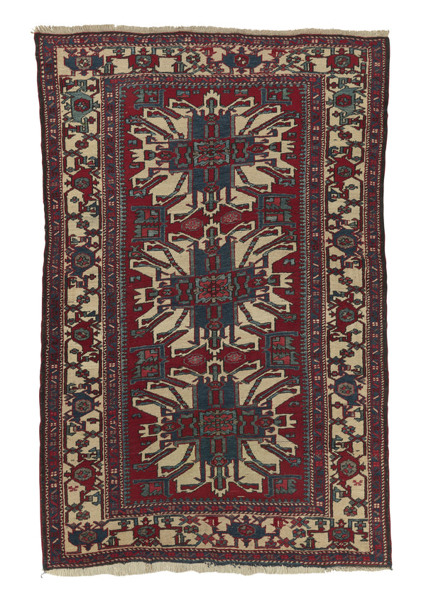 31821 Caucasian Rug Azerbaijan Handmade Area Tribal 4'5'' x 6'10'' -4x7- Red Whites Beige Three Medallion Geometric Design