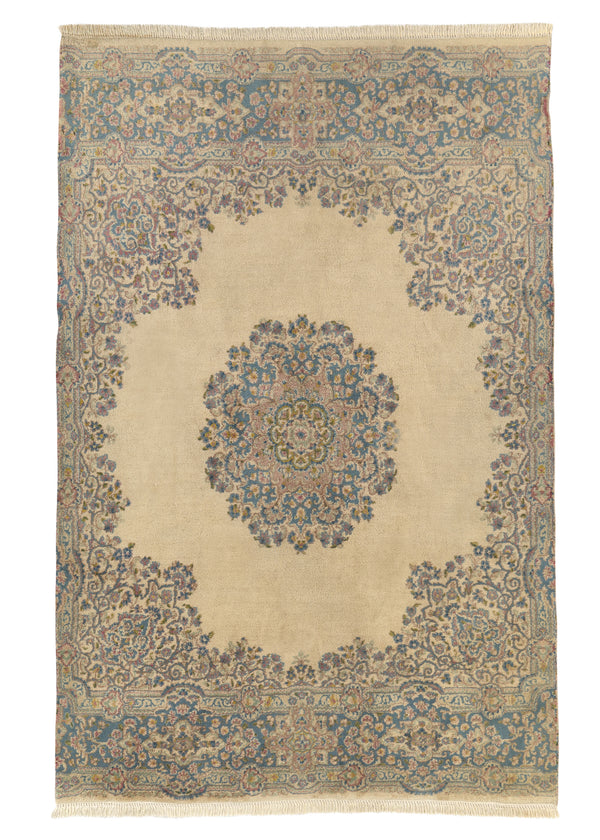 32027 Persian Rug Kerman Handmade Area Traditional 5'9'' x 8'9'' -6x9- Whites Beige Blue Open Field Floral Design
