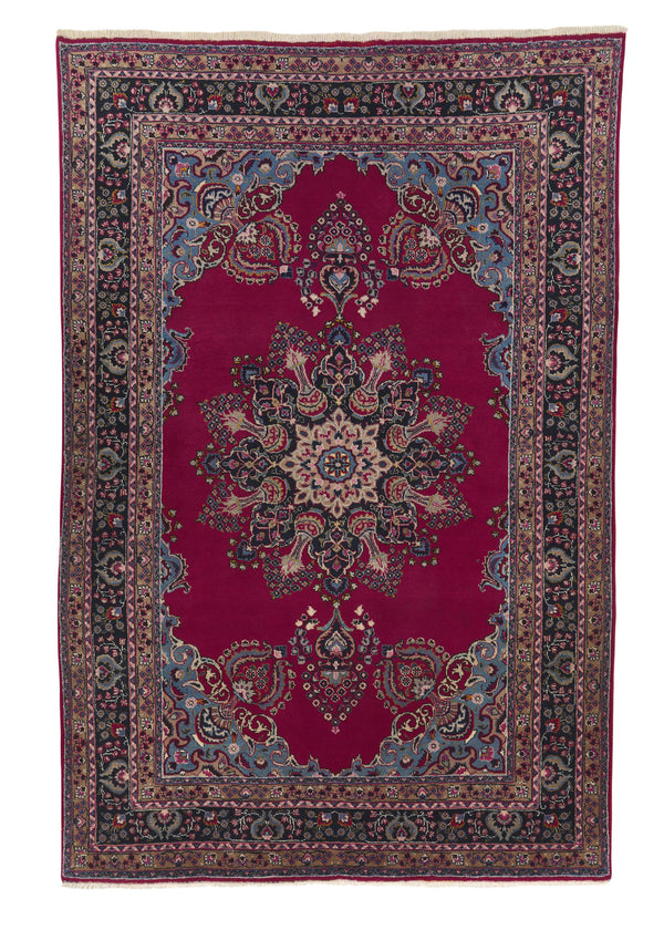 32033 Persian Rug Mashhad Handmade Area Traditional 6'5'' x 9'7'' -6x10- Red Blue Open Field Floral Design