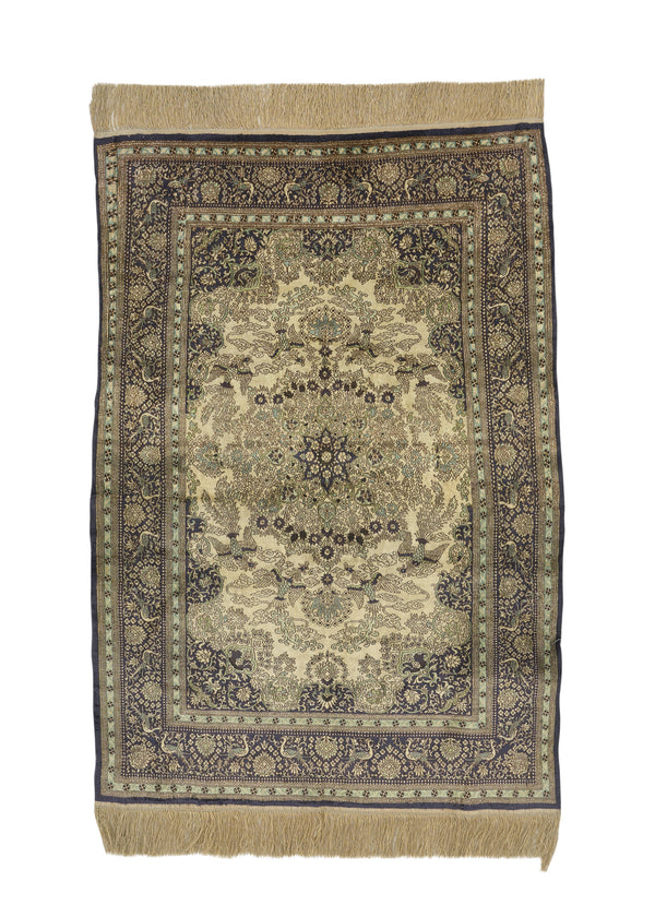 32138 Oriental Rug Chinese Handmade Area Traditional 2'0'' x 3'0'' -2x3- Black Whites Beige Floral Design