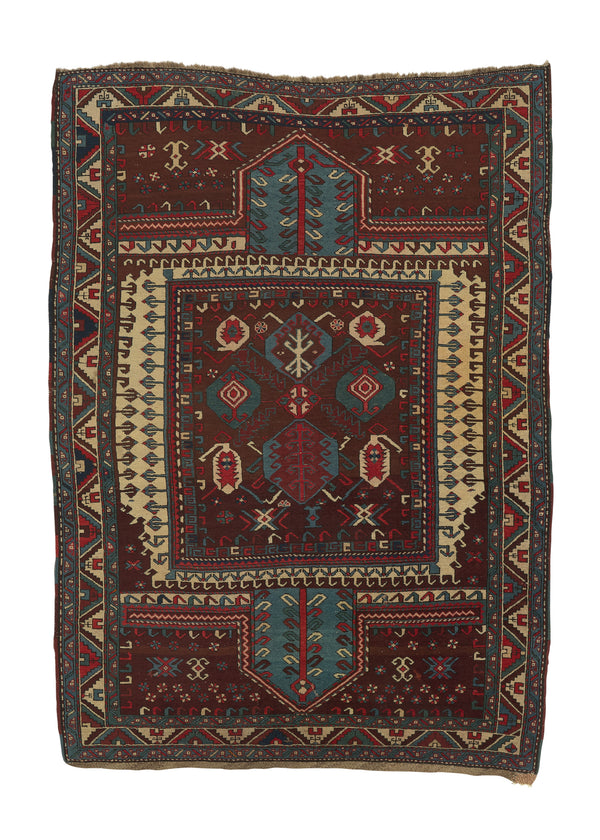 32196 Caucasian Rug Shirvan Handmade Area Antique Tribal 3'11'' x 5'5'' -4x5- Red Whites Beige Blue Geometric Prayer Rug Design
