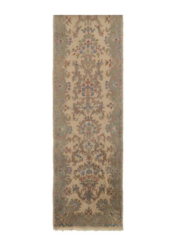 32271 Persian Rug Kerman Handmade Runner Traditional 2'6'' x 18'6'' -3x19- Whites Beige Floral Design