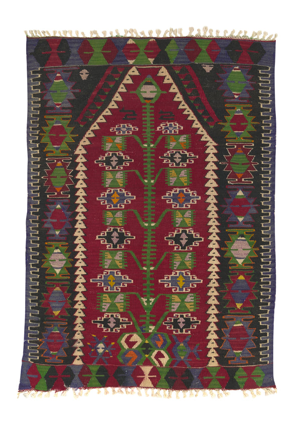 32285 Oriental Rug Turkish Handmade Area Tribal 3'0'' x 4'3'' -3x4- Red Green Multi-color Kilim Geometric Design
