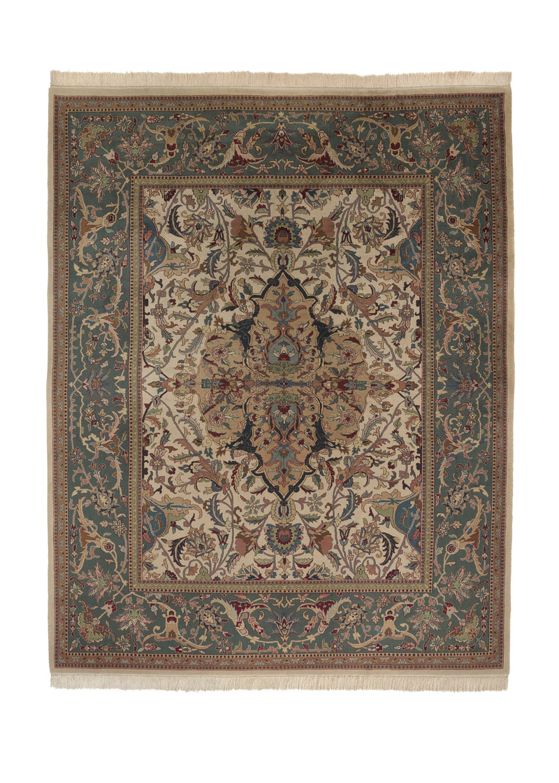 32304 Oriental Rug Indian Handmade Area Traditional 9'0'' x 11'10'' -9x12- Whites Beige Green Floral Design