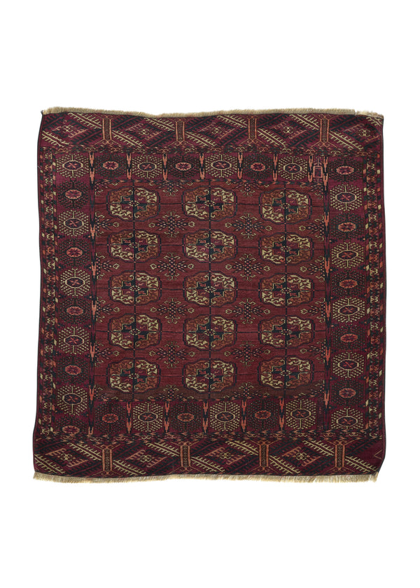 32329 Persian Rug Turkmen Handmade Area Square Antique Tribal 3'8'' x 3'10'' -4x4- Red Bokhara Design