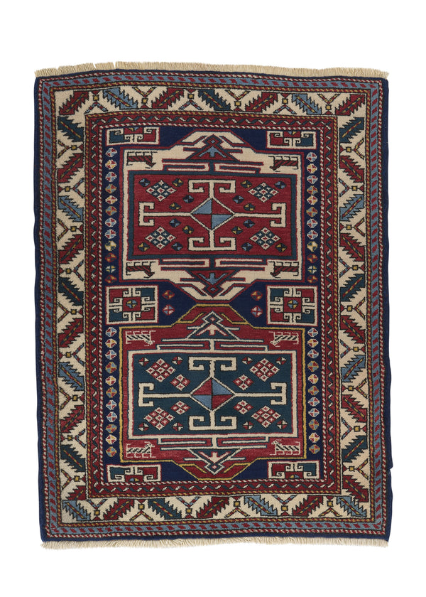 32352 Oriental Rug Turkish Handmade Area Tribal 3'0'' x 4'0'' -3x4- Red Whites Beige Blue Geometric Design