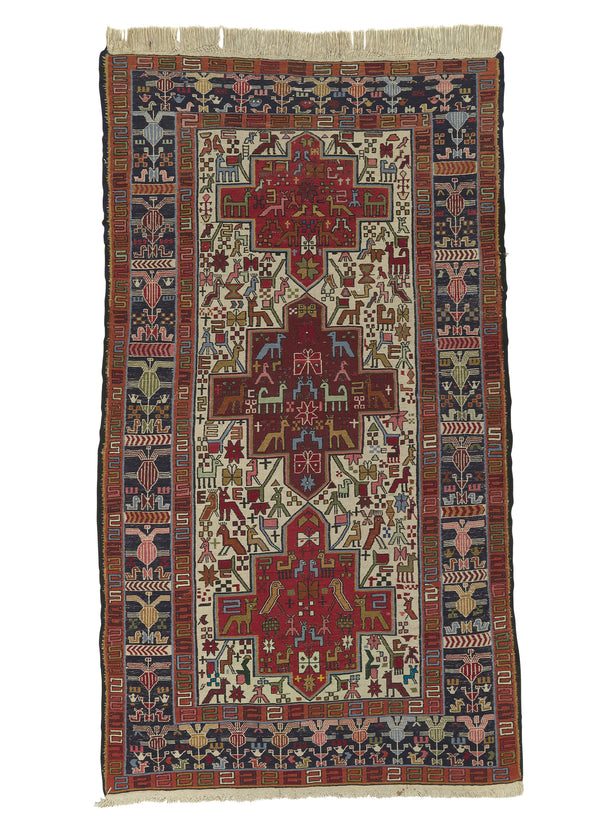 32355 Persian Rug Azerbaijan Handmade Area Runner Tribal 3'9'' x 6'8'' -4x7- Whites Beige Red Geometric Animals Kilim Design