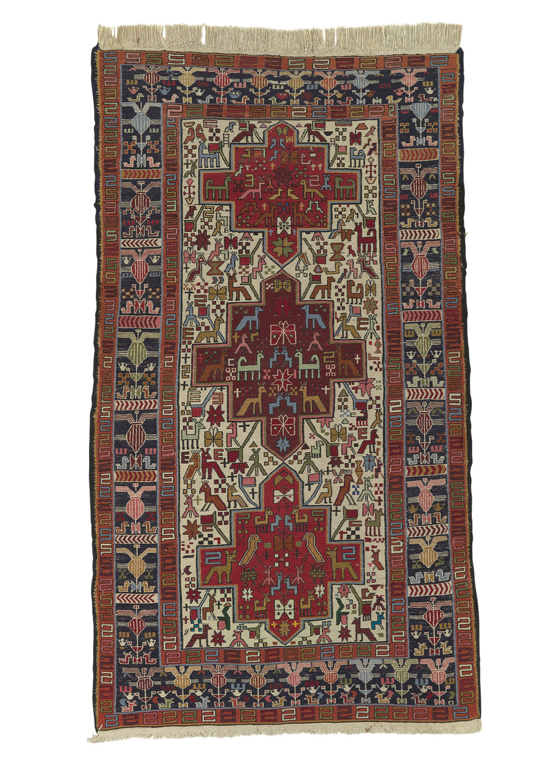 32355 Persian Rug Azerbaijan Handmade Area Runner Tribal 3'9'' x 6'8'' -4x7- Whites Beige Red Geometric Animals Kilim Design