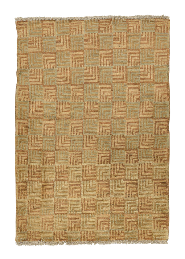 32512 Oriental Rug Pakistani Handmade Sample Area Modern 2'0'' x 2'11'' -2x3- Yellow Gold Orange Geometric Checkered Abstract Design