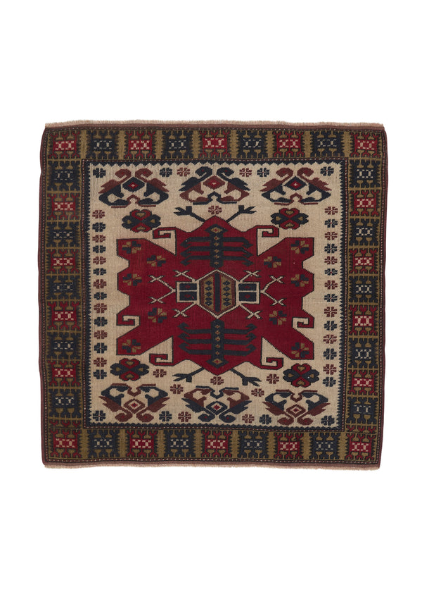 32522 Oriental Rug Turkish Handmade Square Tribal 3'6'' x 3'6'' -4x4- Red Yellow Gold Whites Beige Geometric Design