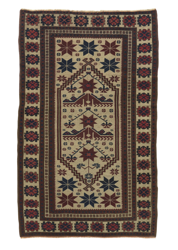 32523 Oriental Rug Turkish Handmade Area Tribal 3'6'' x 5'9'' -4x6- Whites Beige Red Geometric Design