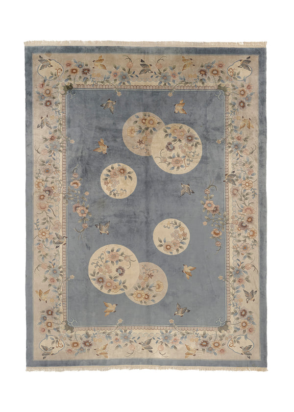 32541 Oriental Rug Chinese Handmade Area Traditional 8'11'' x 11'10'' -9x12- Whites Beige Blue Floral Animals Carved Design