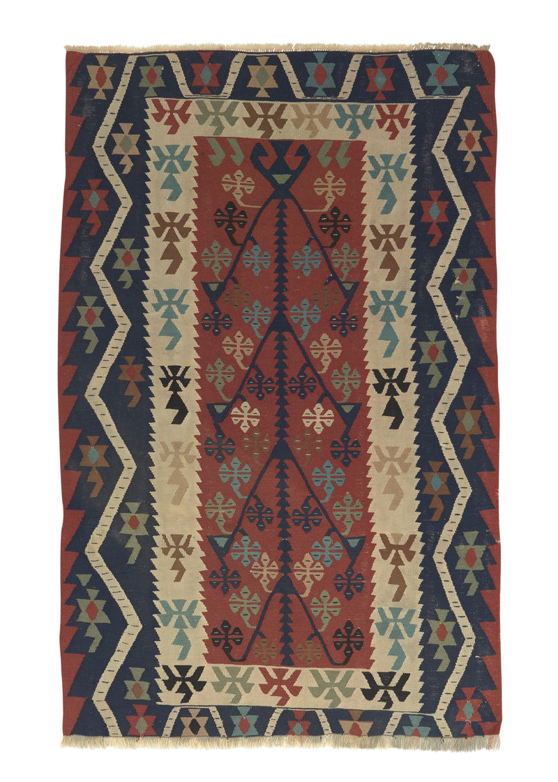 32608 Oriental Rug Turkish Handmade Area Tribal 3'7'' x 5'9'' -4x6- Red Whites Beige Geometric Tree of Life Design