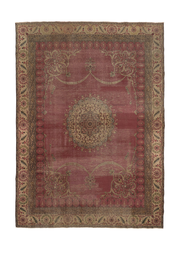 32619 Oriental Rug Turkish Handmade Area Antique Traditional 9'5'' x 12'10'' -9x13- Pink Whites Beige Open Field Floral Design