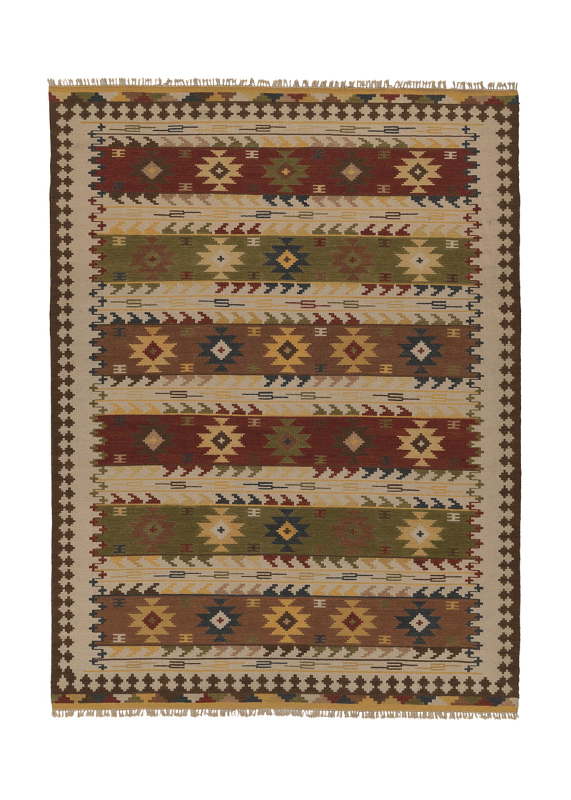 32671 Oriental Rug Indian Handmade Area Tribal 10'0'' x 14'0'' -10x14- Green Whites Beige Dhurrie Design