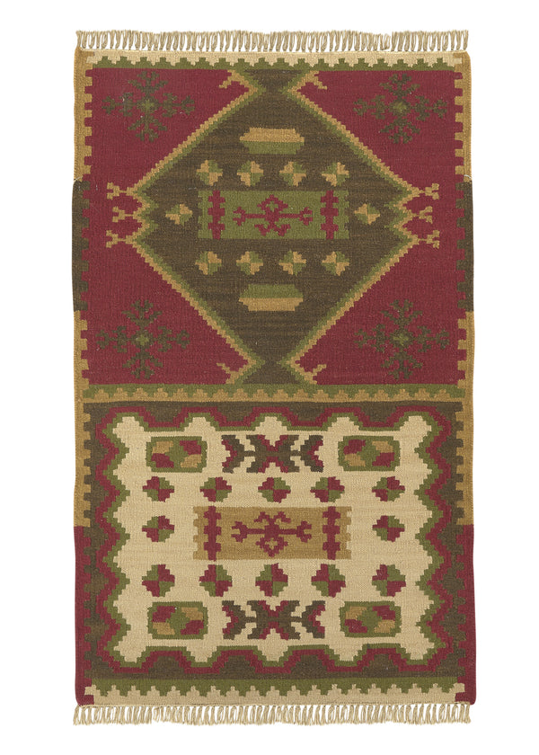 32672 Oriental Rug Indian Handmade Area Tribal 3'0'' x 5'0'' -3x5- Green Brown Geometric Dhurrie Design