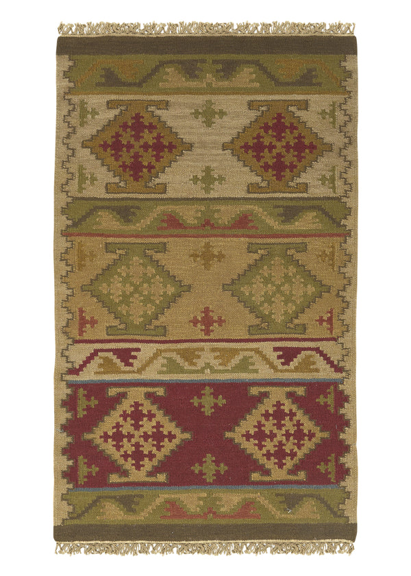 32673 Oriental Rug Indian Handmade Area Tribal 3'0'' x 5'0'' -3x5- Green Geometric Dhurrie Design