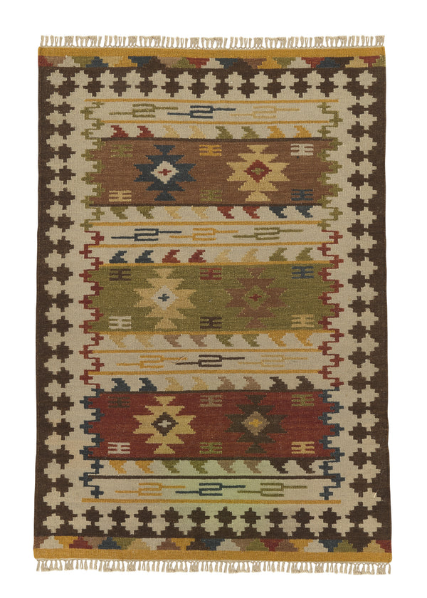 32677 Oriental Rug Indian Handmade Area Tribal 4'0'' x 6'0'' -4x6- Yellow Gold Multi-color Kilim Geometric Dhurrie Design