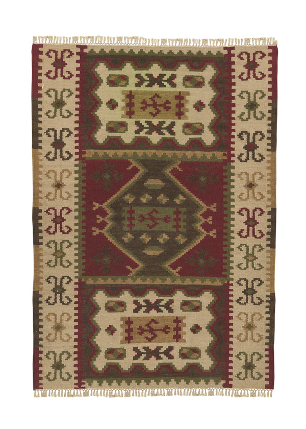 32678 Oriental Rug Indian Handmade Area Tribal 4'0'' x 6'0'' -4x6- Green Red Whites Beige Kilim Geometric Dhurrie Design