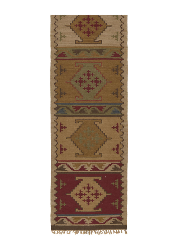 32683 Oriental Rug Indian Handmade Runner Tribal 2'6'' x 12'0'' -3x12- Whites Beige Dhurrie Geometric Design