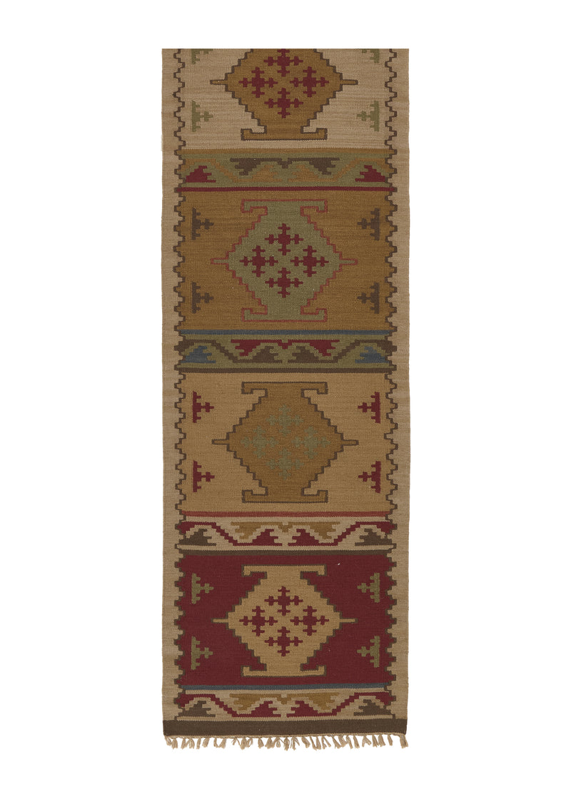 32683 Oriental Rug Indian Handmade Runner Tribal 2'6'' x 12'0'' -3x12- Whites Beige Dhurrie Geometric Design