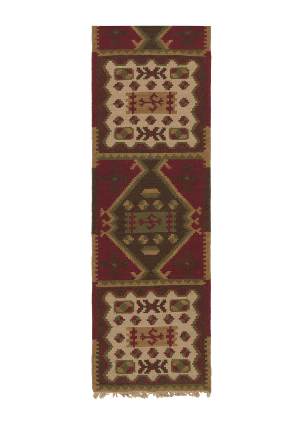 32685 Oriental Rug Indian Handmade Runner Tribal 2'6'' x 12'0'' -3x12- Red Dhurrie Geometric Design