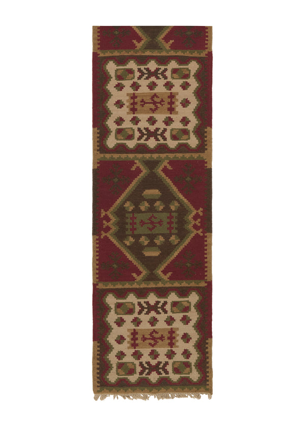 32685 Oriental Rug Indian Handmade Runner Tribal 2'6'' x 12'0'' -3x12- Red Dhurrie Geometric Design
