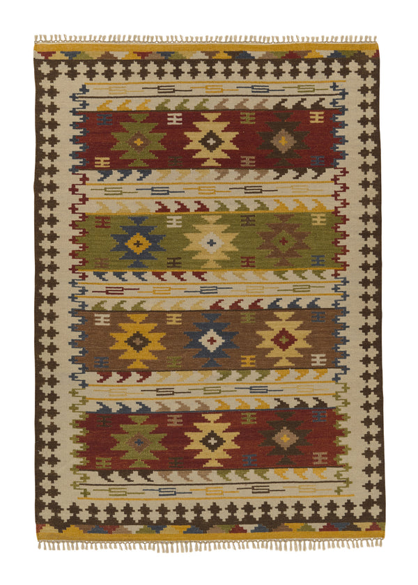 32692 Oriental Rug Indian Handmade Area Tribal 5'7'' x 7'10'' -6x8- Whites Beige Yellow Gold Multi-color Geometric Dhurrie Design