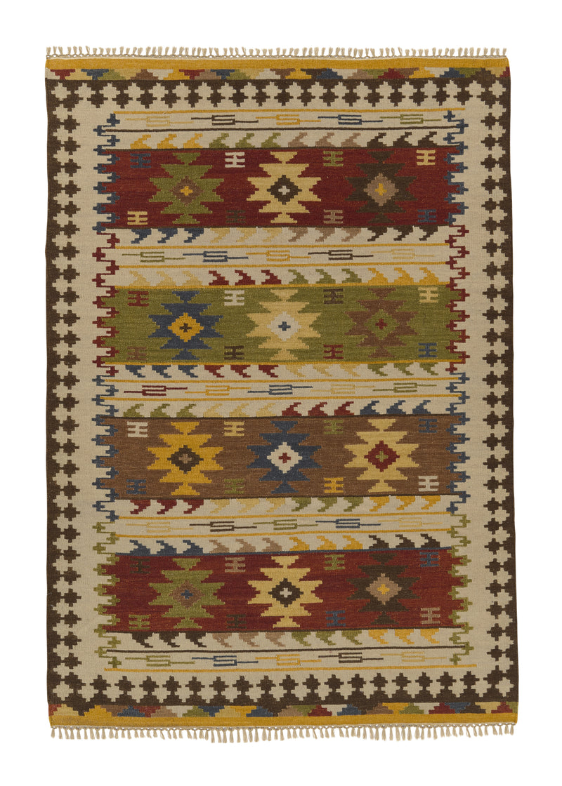 32692 Oriental Rug Indian Handmade Area Tribal 5'7'' x 7'10'' -6x8- Whites Beige Yellow Gold Multi-color Geometric Dhurrie Design
