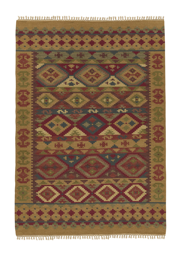 32694 Oriental Rug Indian Handmade Area Tribal 6'0'' x 9'0'' -6x9- Yellow Gold Red Multi-color Geometric Dhurrie Design