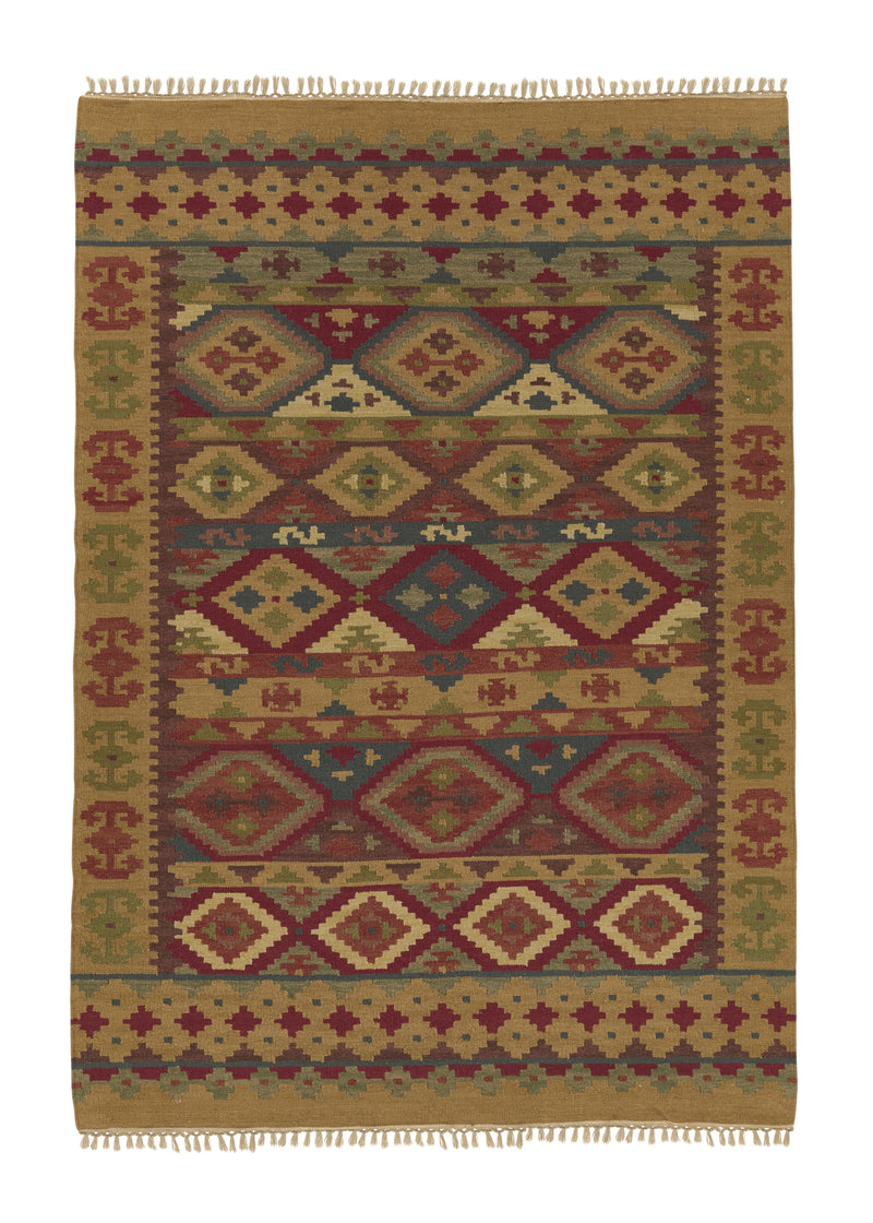 32694 Oriental Rug Indian Handmade Area Tribal 6'0'' x 9'0'' -6x9- Yellow Gold Red Multi-color Geometric Dhurrie Design