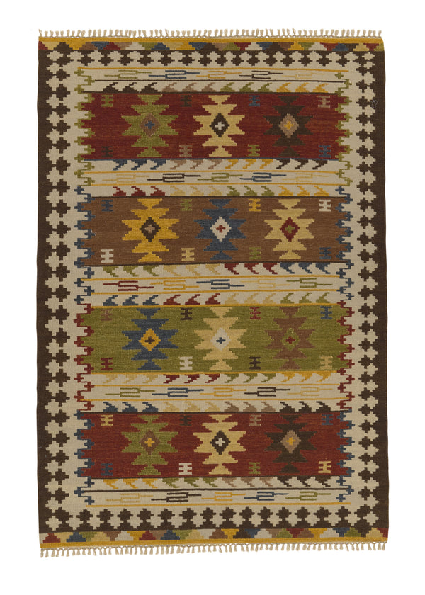 32695 Oriental Rug Indian Handmade Area Tribal 6'0'' x 9'0'' -6x9- Whites Beige Brown Multi-color Geometric Dhurrie Design