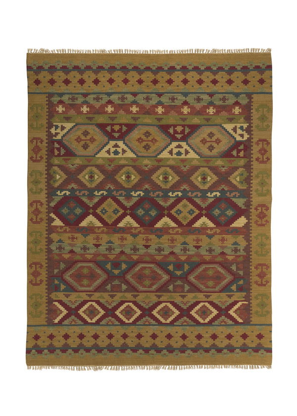 32697 Oriental Rug Indian Handmade Area Tribal 8'0'' x 10'0'' -8x10- Multi-color Green Geometric Dhurrie Design