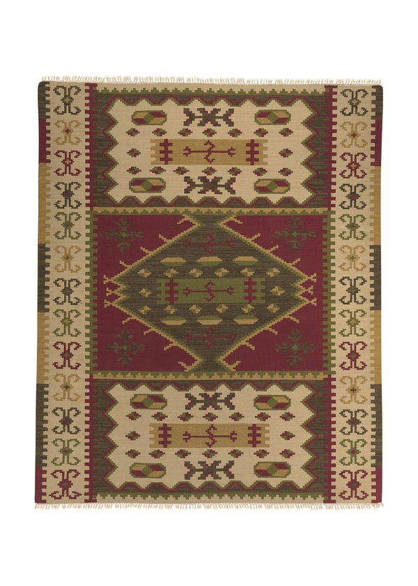 32698 Oriental Rug Indian Handmade Area Tribal 8'0'' x 10'0'' -8x10- Green Whites Beige Geometric Dhurrie Design