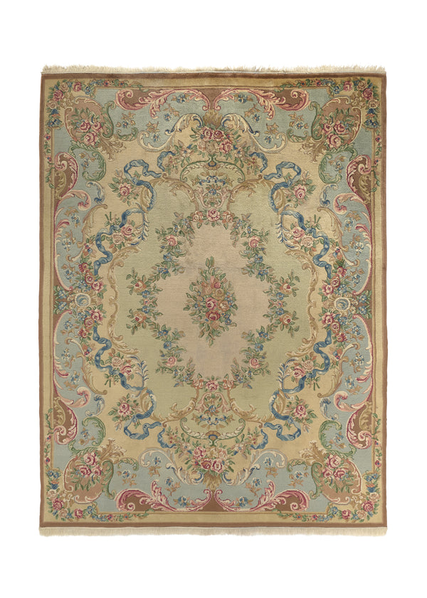 32707 Oriental Rug Indian Handmade Area Traditional 8'0'' x 10'0'' -8x10- Whites Beige Floral Carved Design