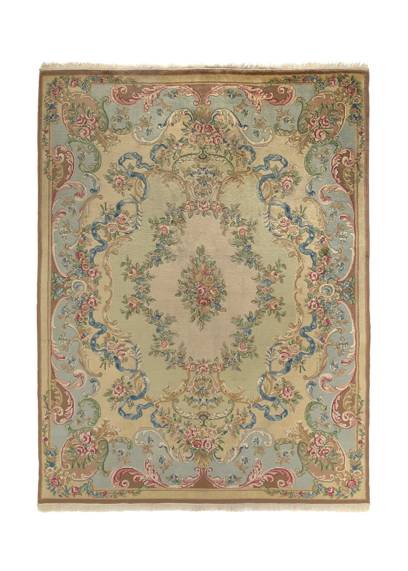 32707 Oriental Rug Indian Handmade Area Traditional 8'0'' x 10'0'' -8x10- Whites Beige Floral Carved Design