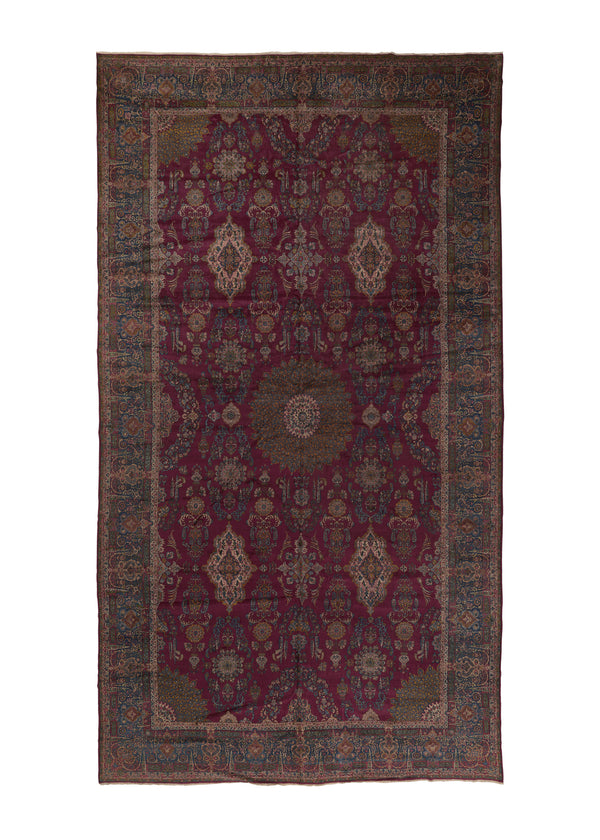 32713 Persian Rug Kerman Handmade Area Antique Traditional 13'7'' x 24'2'' -14x24- Red Blue Floral Design