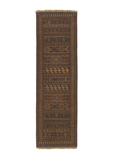 32717 Caucasian Rug Azerbaijan Handmade Runner Tribal Tribal 2'3'' x 7'6'' -2x8- Brown Blue Geometric Design