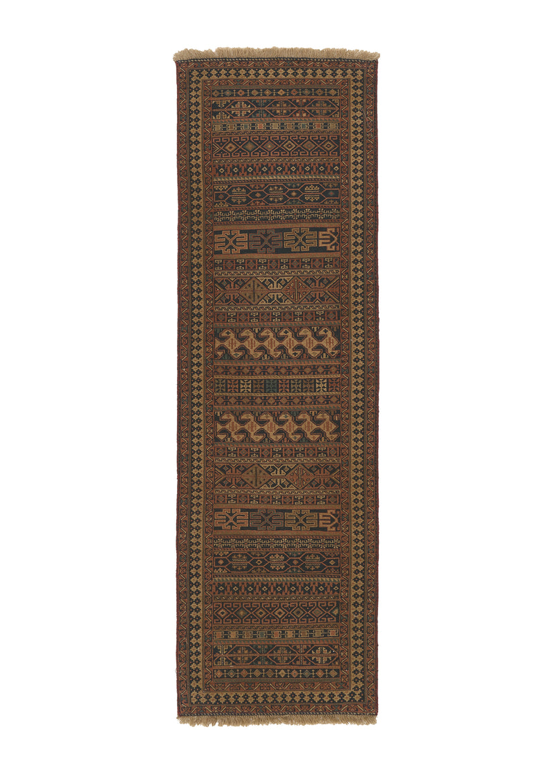 32717 Caucasian Rug Azerbaijan Handmade Runner Tribal Tribal 2'3'' x 7'6'' -2x8- Brown Blue Geometric Design