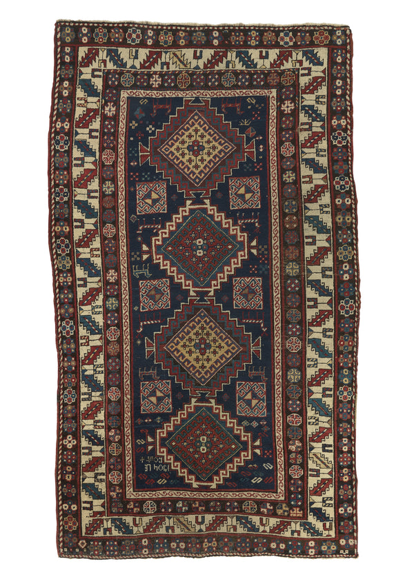 32775 Caucasian Rug Kazak Handmade Area Antique Tribal 4'3'' x 7'5'' -4x7- Blue Whites Beige Geometric Design