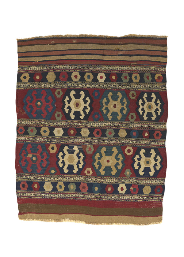 32776 Caucasian Rug Shirvan Handmade Area Tribal Antique 3'7'' x 4'3'' -4x4- Multi-color Red Kilim Design