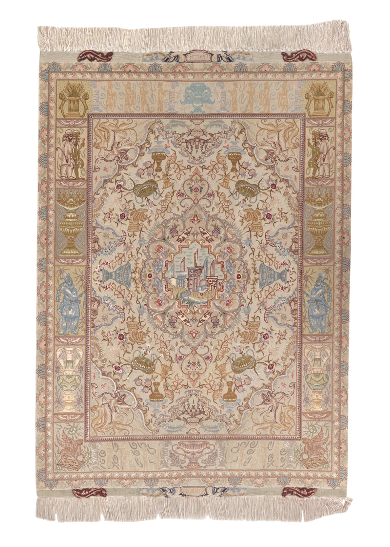 32850 Persian Rug Tabriz Handmade Area Traditional 4'10'' x 6'10'' -5x7- Whites Beige Yellow Gold Pictorial Historical Gharaji Design