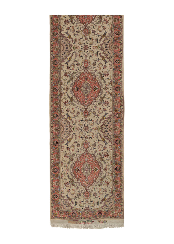 32866 Persian Rug Tabriz Handmade Runner Traditional 2'9'' x 13'2'' -3x13- Whites Beige Pink Naghsh Floral Design
