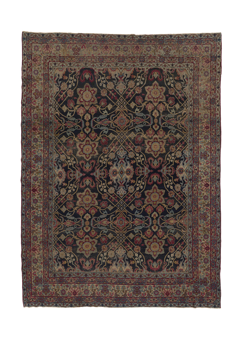 32937 Persian Rug Lavar Kerman Handmade Area Antique Traditional 9'4'' x 12'9'' -9x13- Blue Whites Beige Geometric Design