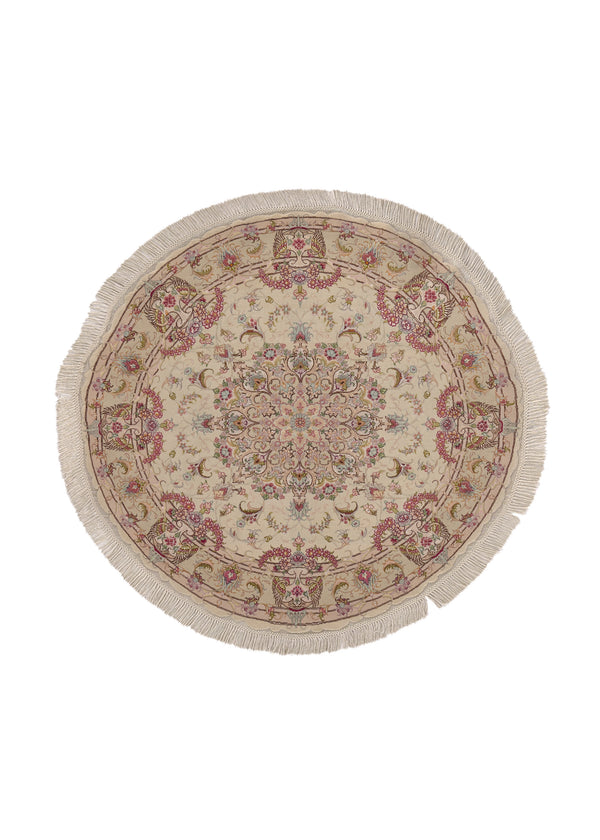 32968 Persian Rug Tabriz Handmade Round Traditional 4'10'' x 4'10'' -5x5- Whites Beige Pink Floral Naghsh Design